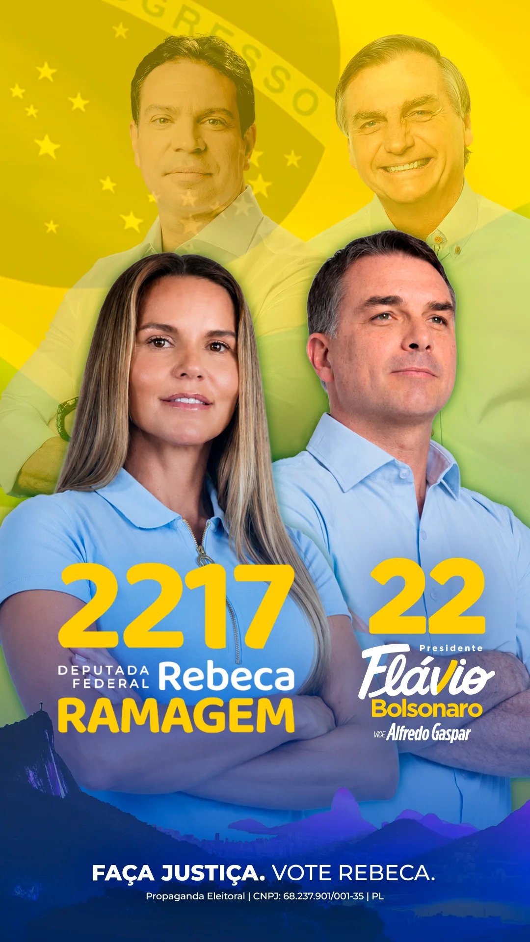 Peça de campanha: Rebeca Ramagem, Deputada Federal 2217, ao lado de Flávio Bolsonaro, Presidente 22, e do vice Alfredo Gaspar